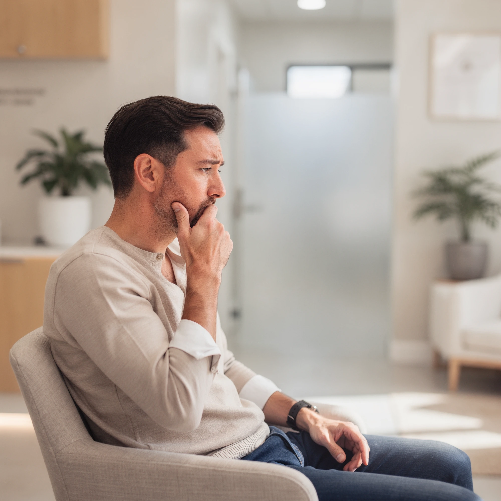 Man in waiting room holding his cheek in discomfort, seeking emergency dental care